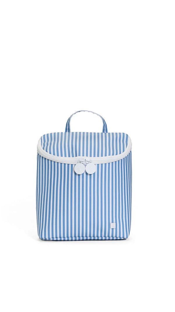 Blue and white striped bag with a white handle on a white background