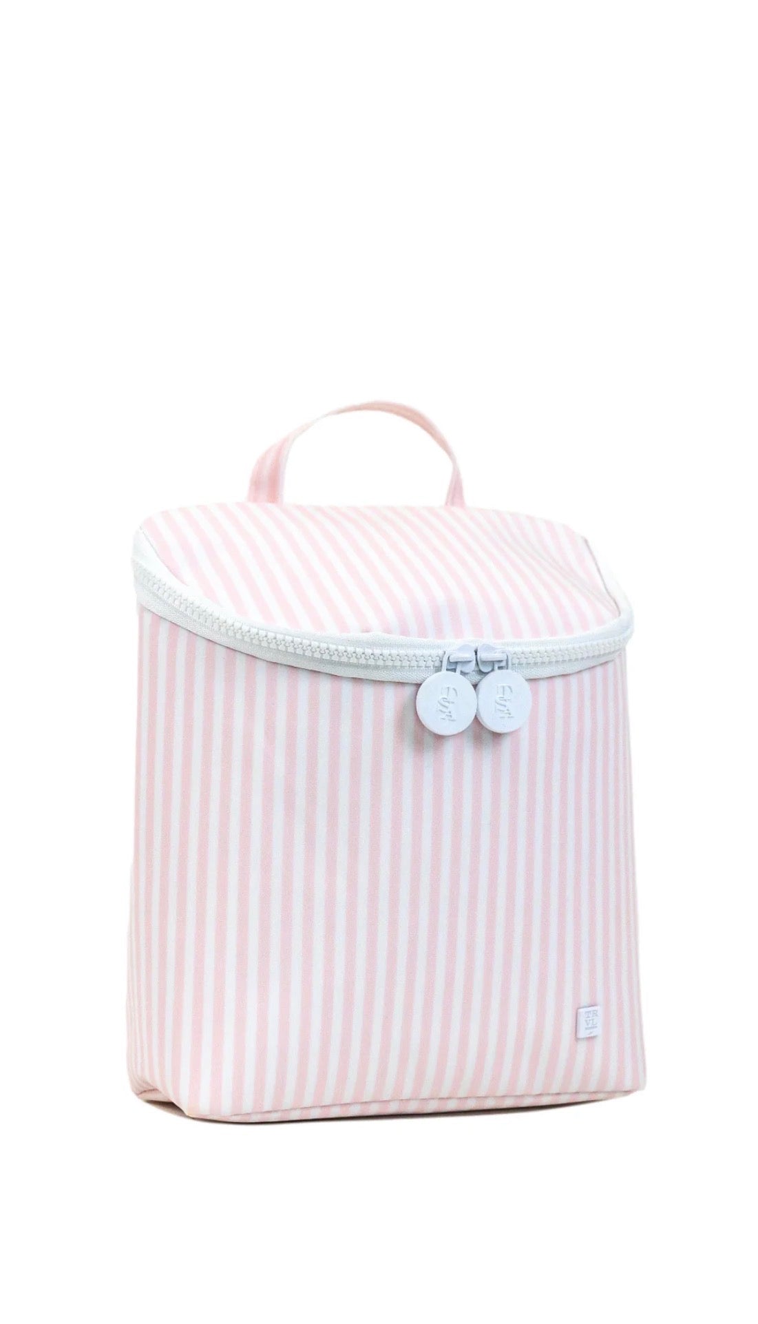 Pink and white striped bag with a handle on a white background