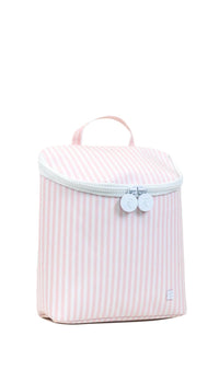 Pink and white striped bag with a handle on a white background