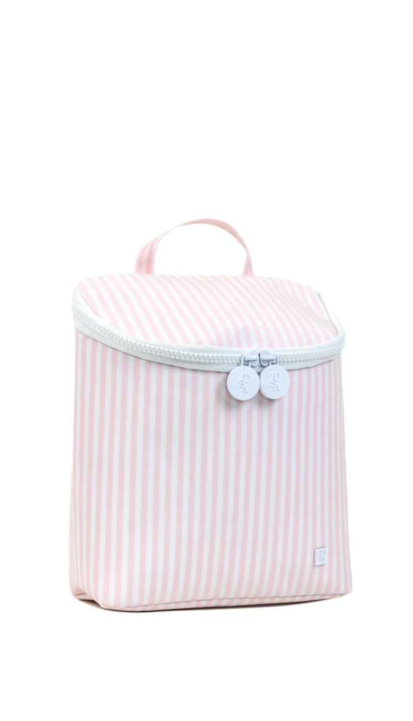 Pink and white striped bag with a handle on a white background