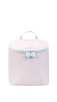 Pink striped lunch bag with white details on a white background
