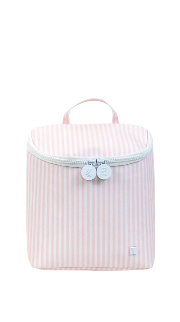 Pink striped lunch bag with white details on a white background
