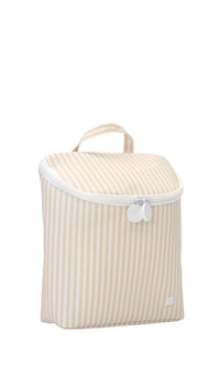 Beige striped lunch bag with a white handle on a white background
