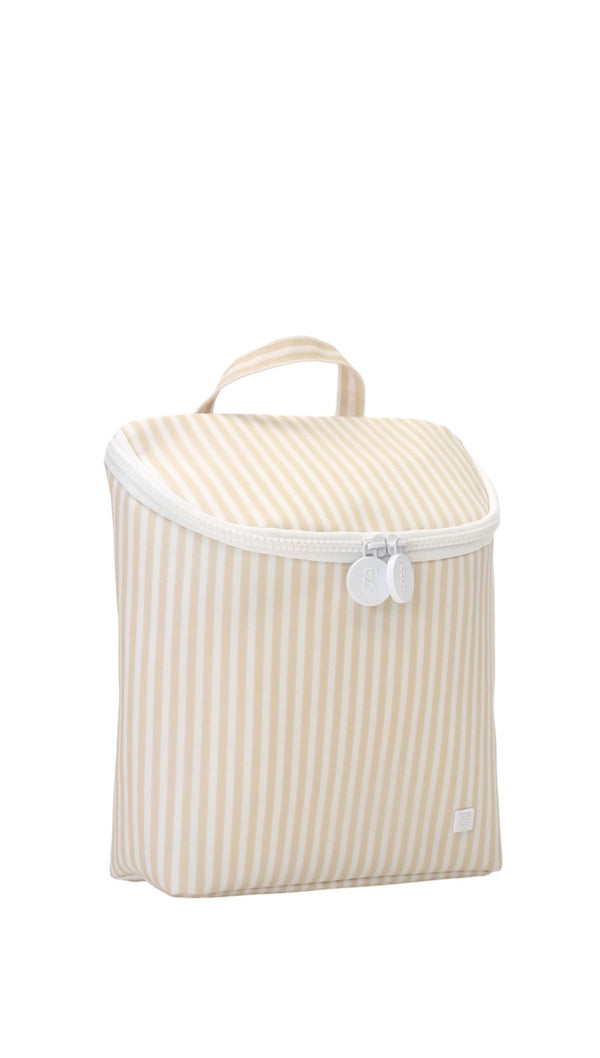Beige striped lunch bag with a white handle on a white background