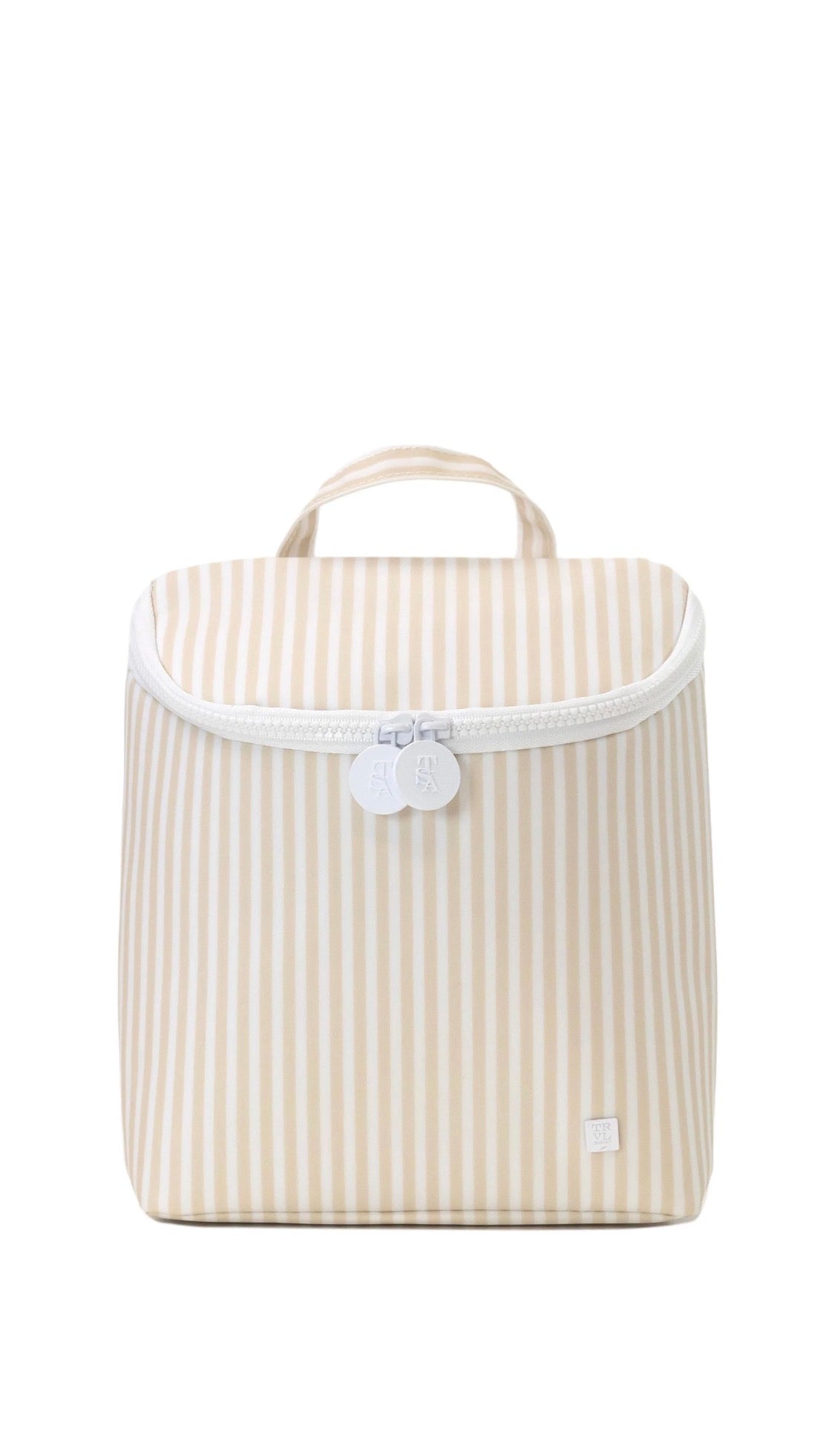 Striped bag with a handle on a white background