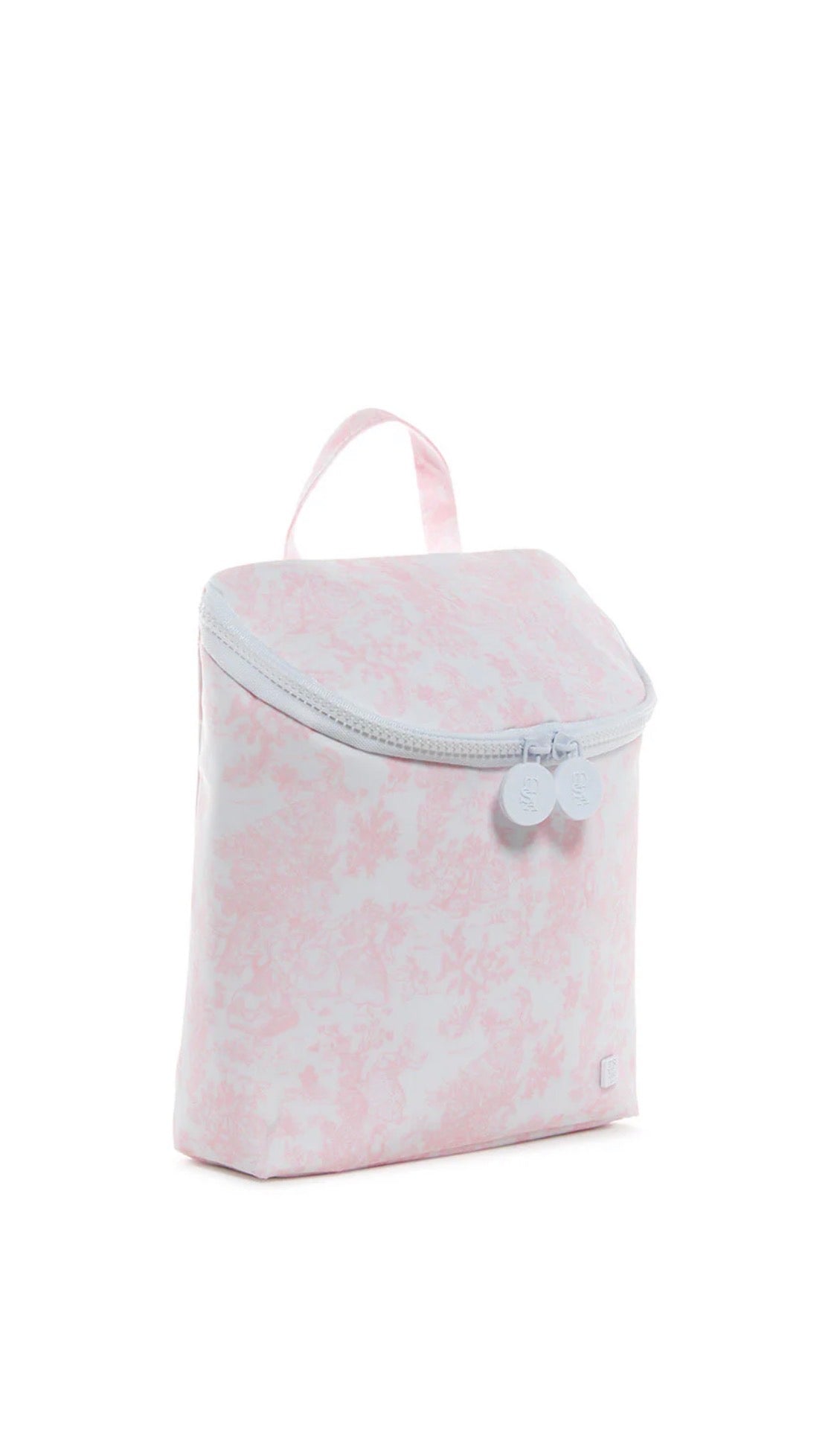 Pink floral-patterned lunch bag with a zipper on a white background