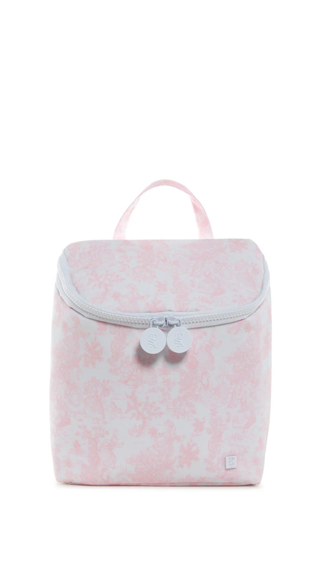 Pink toile lunch bag with floral pattern on a white background