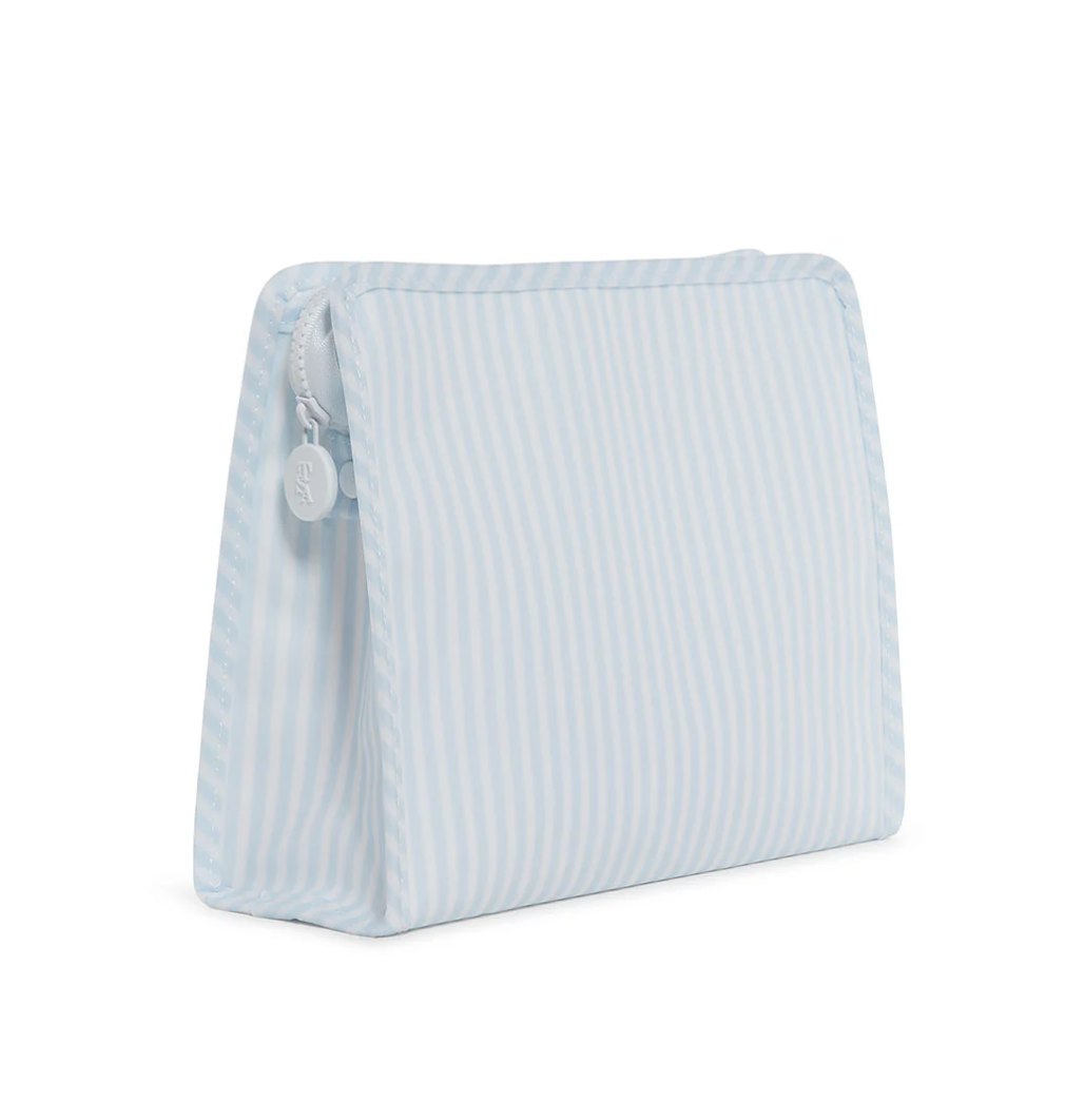 Blue Pimlico stripe TRVL Roadie pouch, available in medium and large