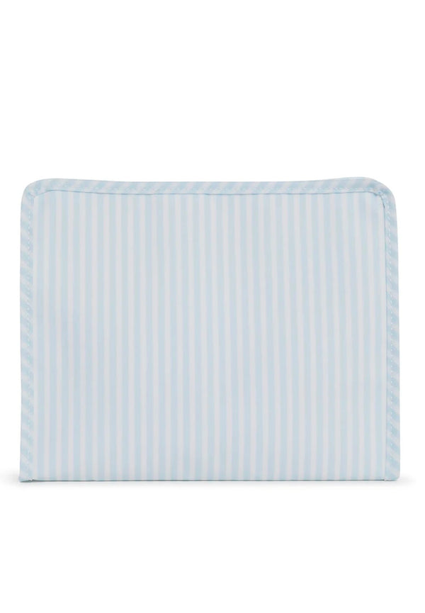 Blue Pimlico stripe TRVL Roadie pouch, available in medium and large
