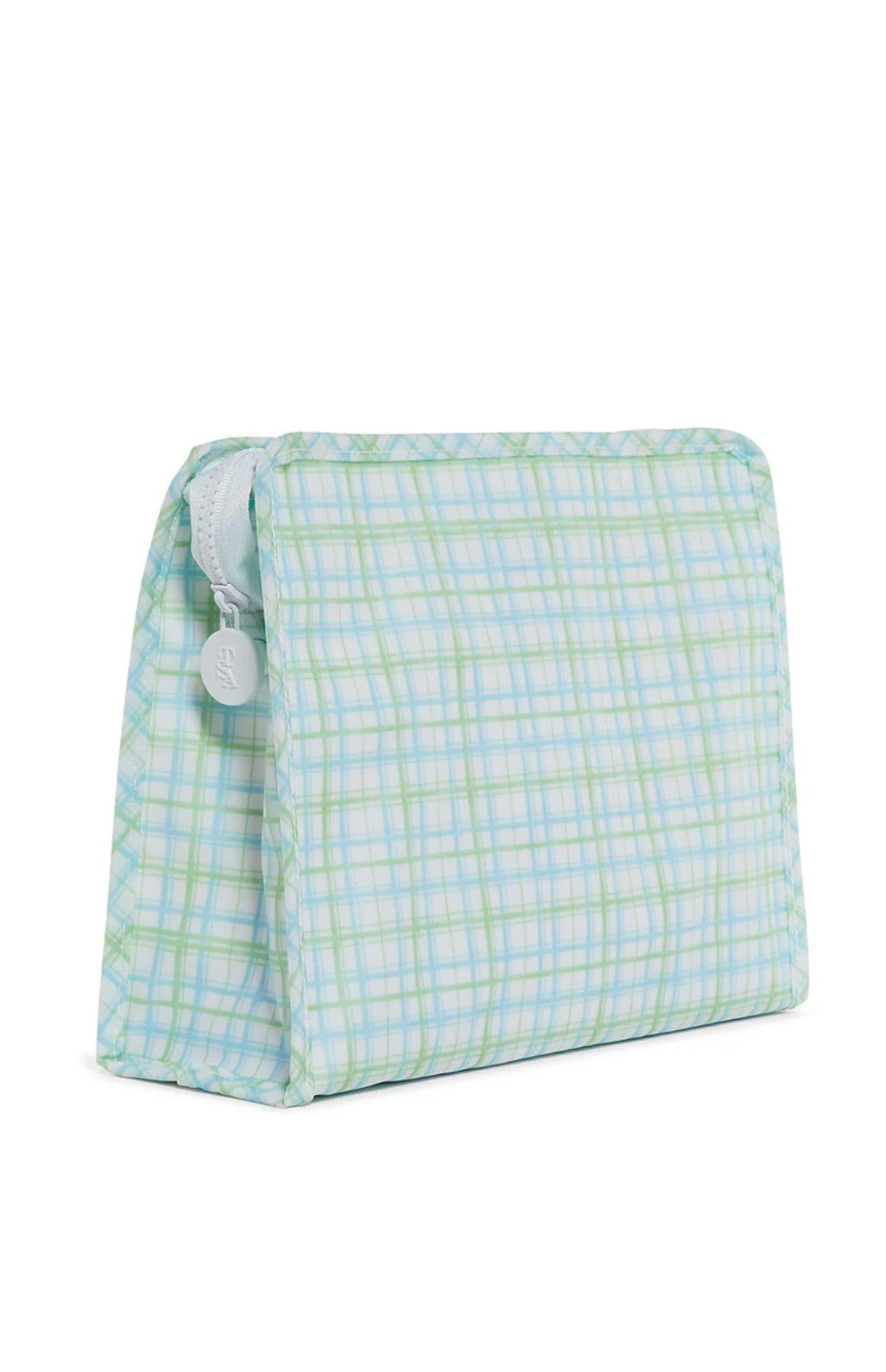 Green plaid TRVL Roadie pouch, available in medium and large
