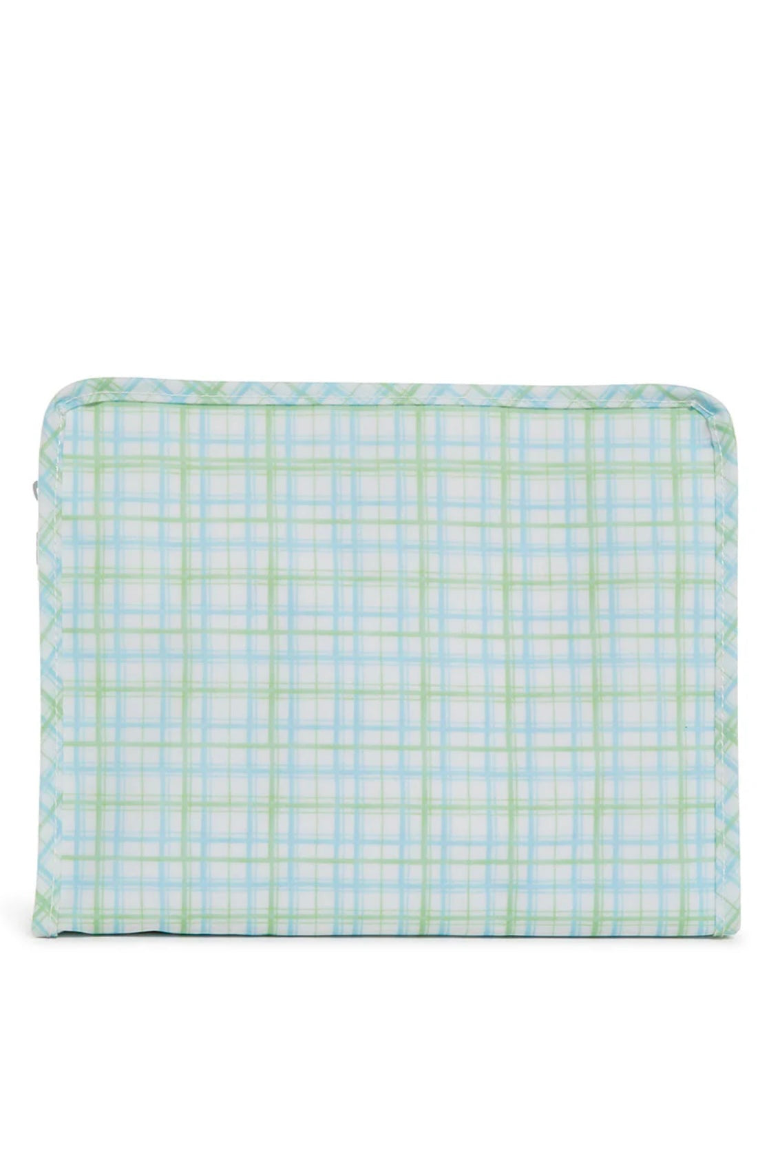 Green plaid TRVL Roadie pouch, available in medium and large