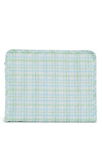 Green plaid TRVL Roadie pouch, available in medium and large