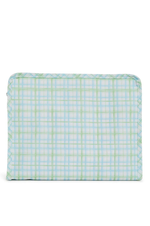 Green plaid TRVL Roadie pouch, available in medium and large