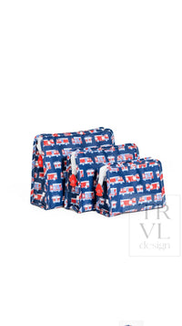 Three fire engine print TRVL pouches in graduated medium and large sizes with white zipper pulls
