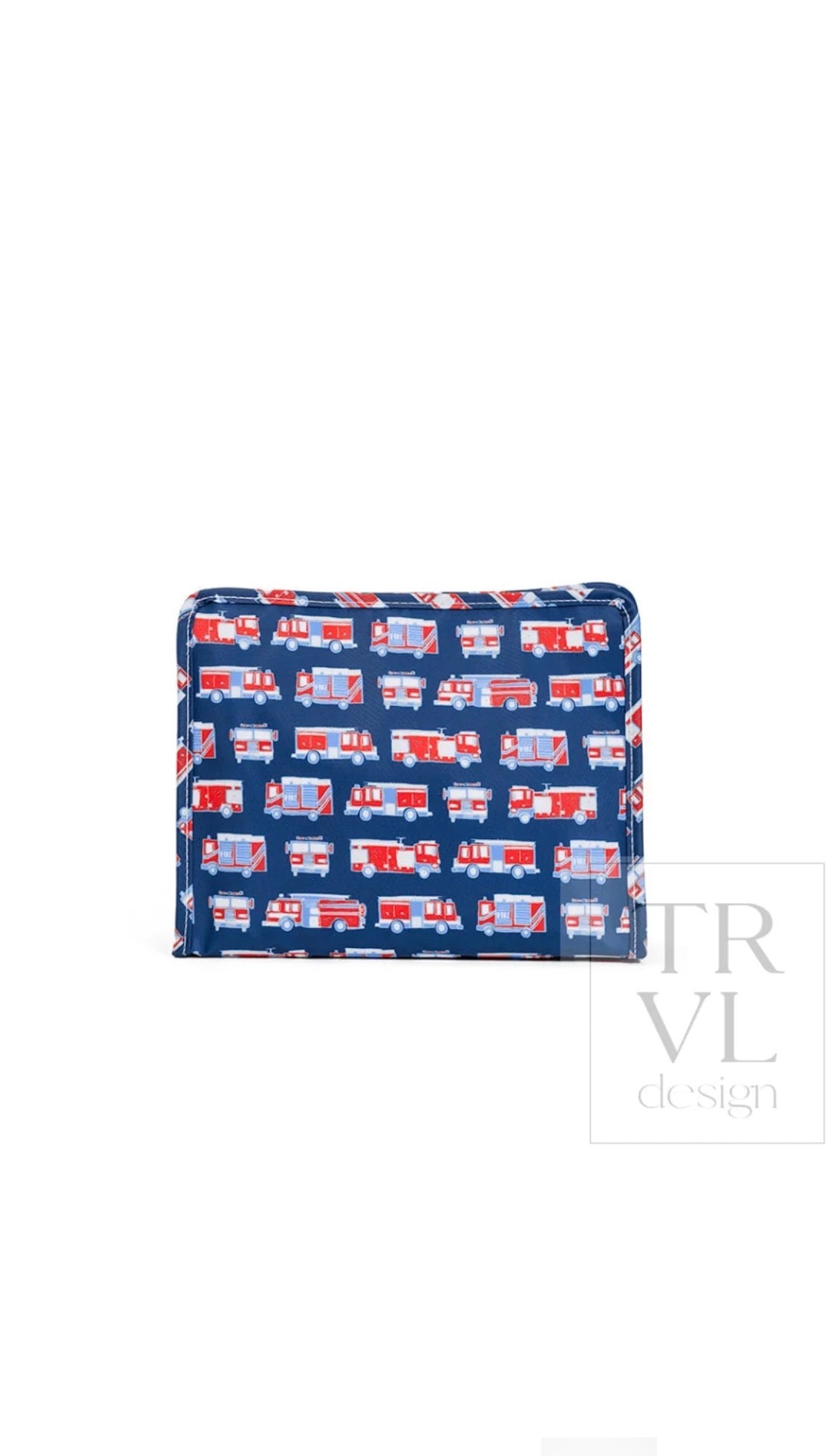 Navy blue TRVL pouch printed with red and white fire engine trucks, front view