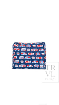 Navy blue TRVL pouch printed with red and white fire engine trucks, front view