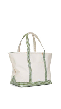 Natural coated canvas TRVL maxi tote with moss green gingham trim