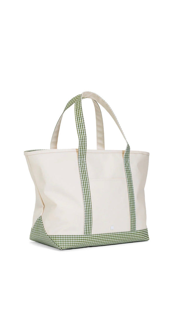Natural coated canvas TRVL maxi tote with moss green gingham trim