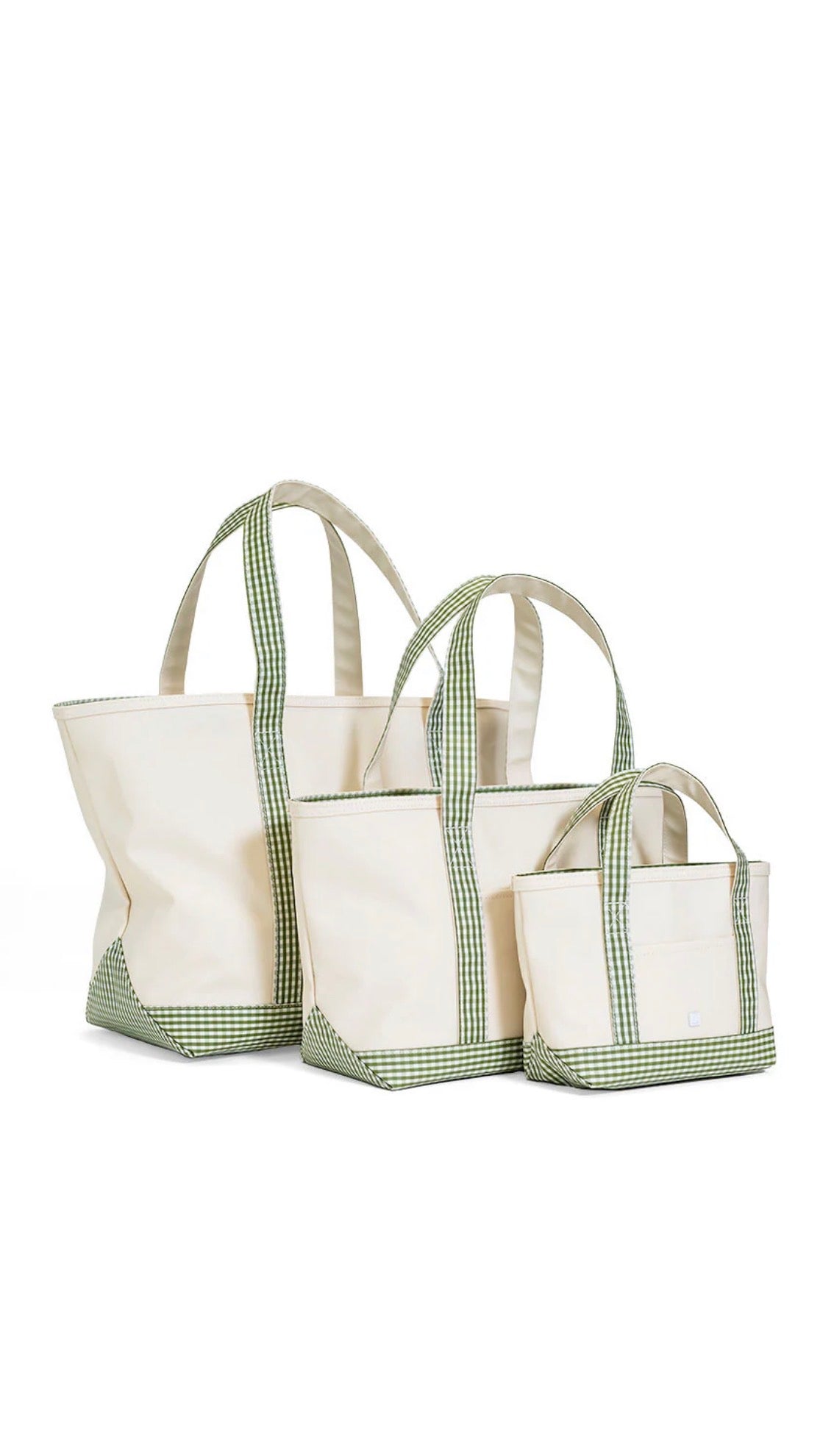 Natural coated canvas TRVL maxi tote with moss green gingham trim