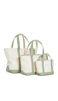 Natural coated canvas TRVL maxi tote with moss green gingham trim
