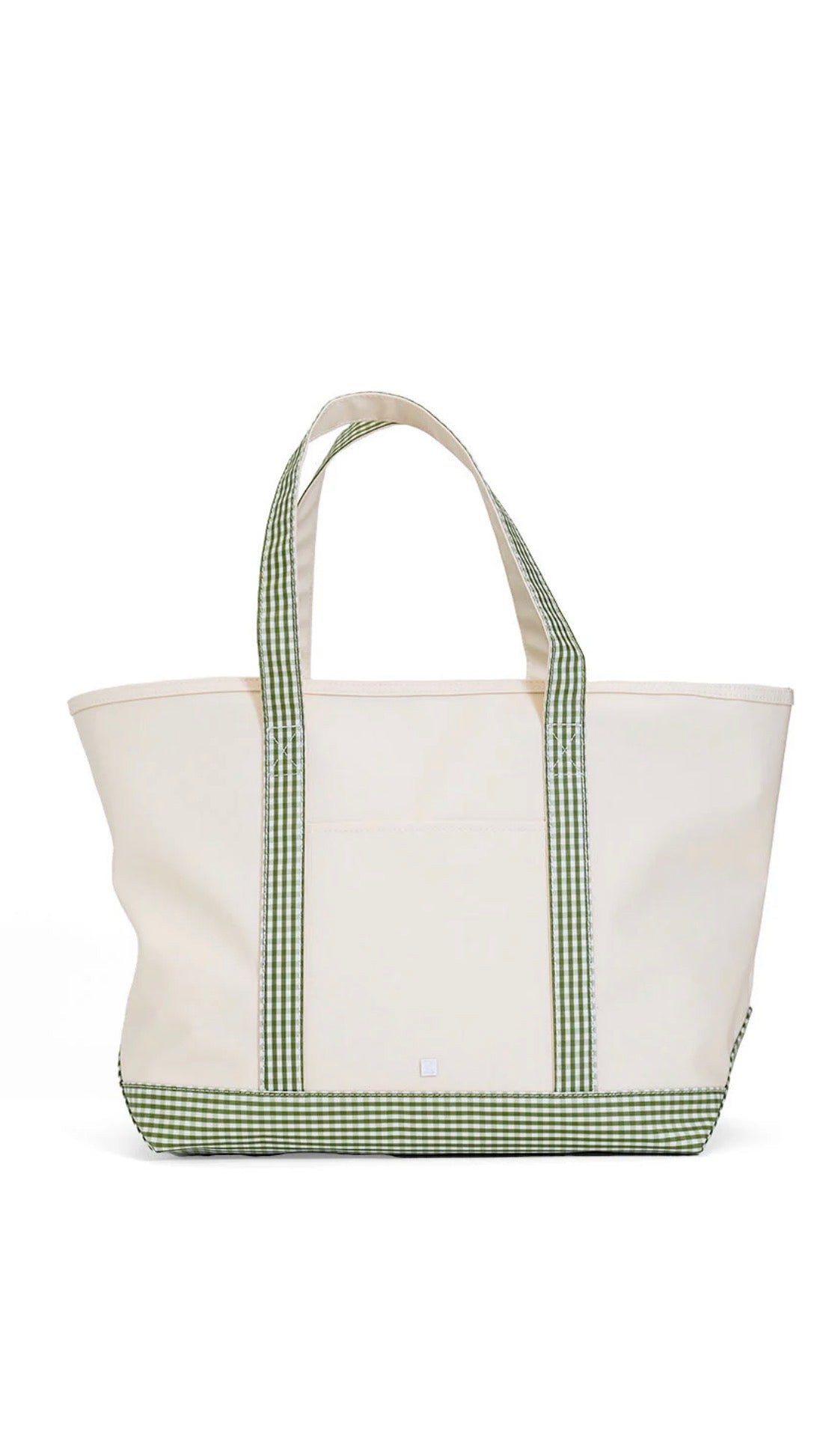 Natural coated canvas TRVL maxi tote with moss green gingham trim
