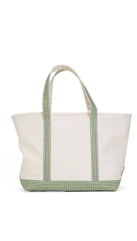 Natural coated canvas TRVL maxi tote with moss green gingham trim