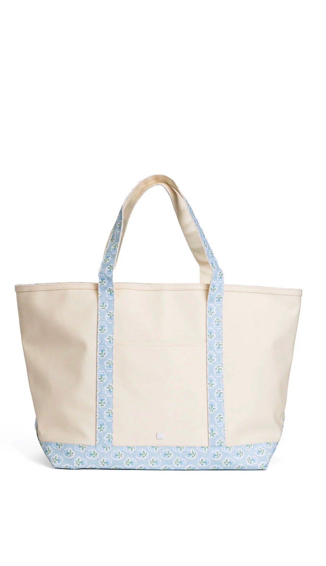 Natural coated canvas TRVL maxi tote with blue petite fleur floral trim
