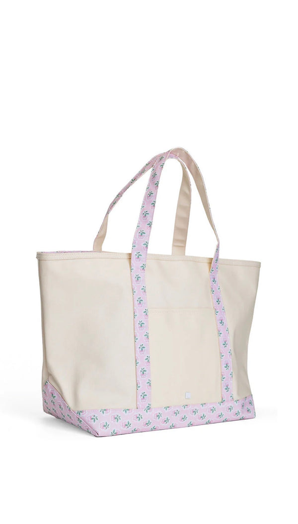 Natural coated canvas TRVL maxi tote with pink petite fleur floral trim