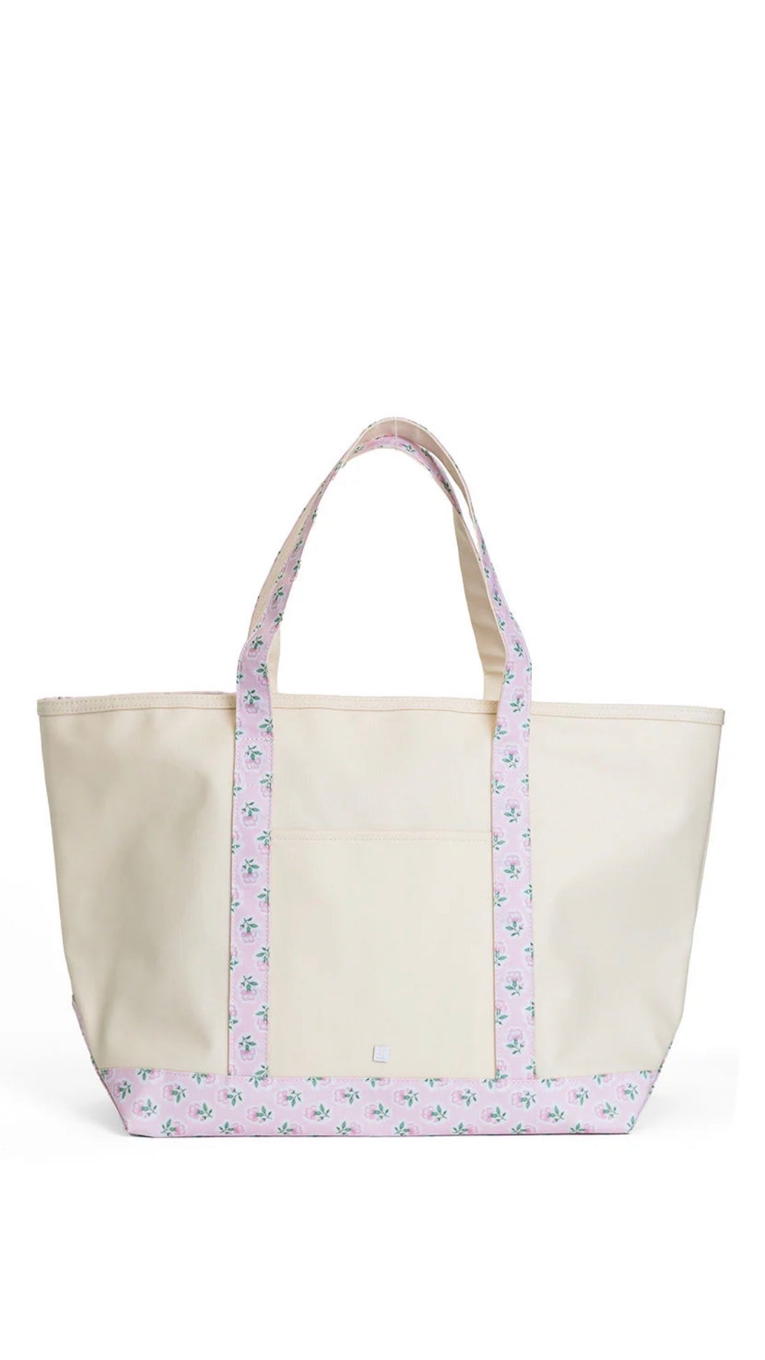 Natural coated canvas TRVL maxi tote with pink petite fleur floral trim