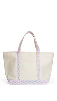 Natural coated canvas TRVL maxi tote with pink petite fleur floral trim