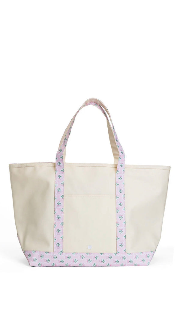 Natural coated canvas TRVL maxi tote with pink petite fleur floral trim