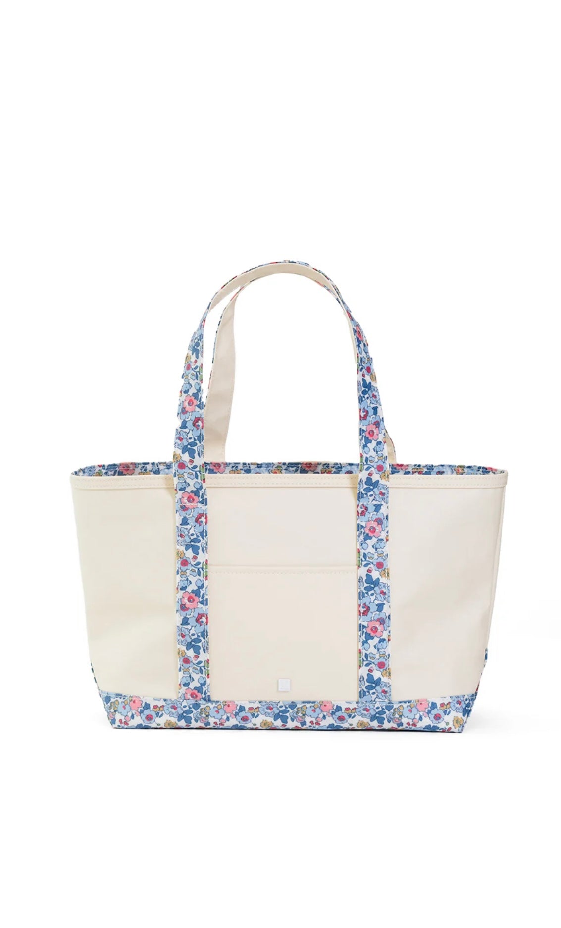 Natural coated canvas TRVL medium tote with Bridgehampton floral trim