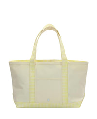 Beige tote bag with yellow accents on a white background