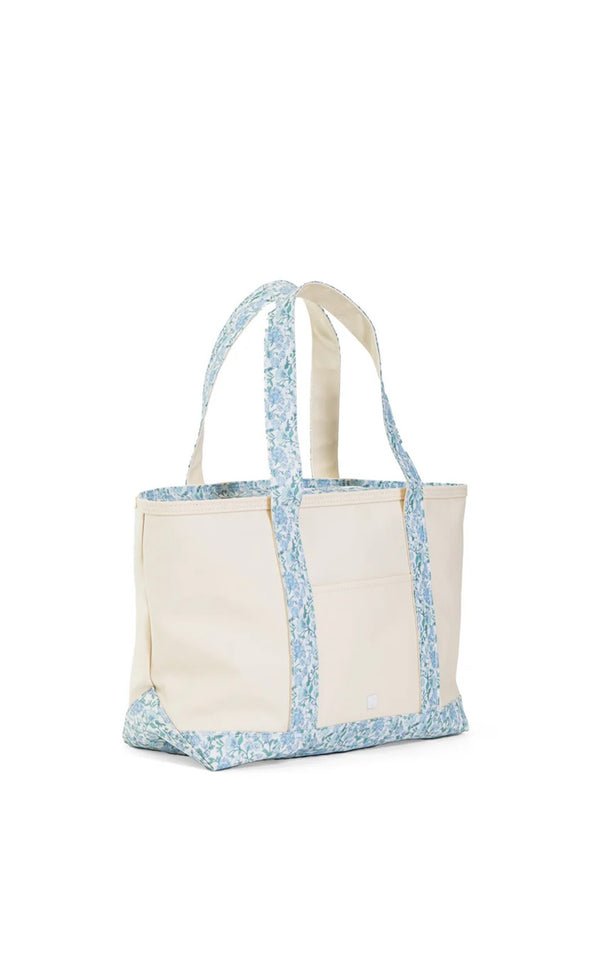 Natural coated canvas TRVL medium tote with Hamptons floral trim