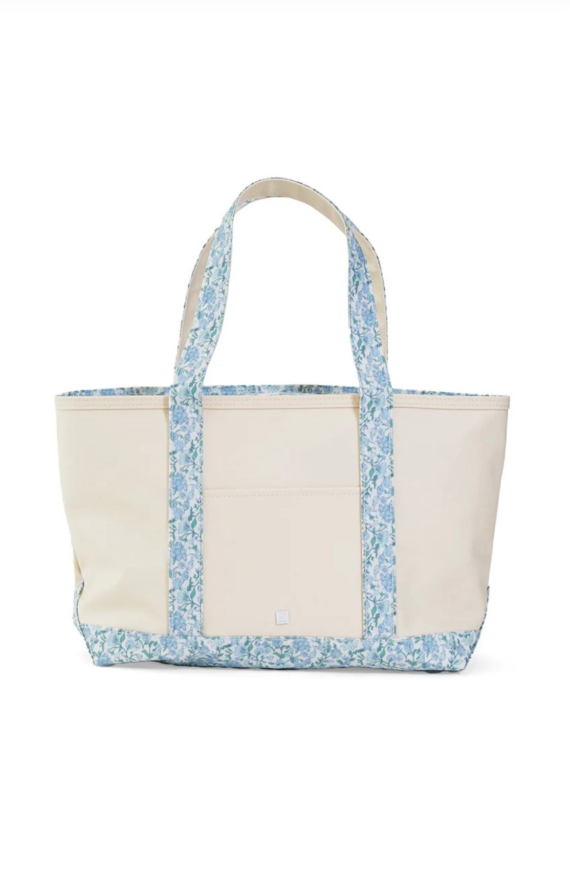 Natural coated canvas TRVL medium tote with Hamptons floral trim