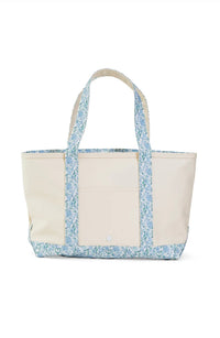 Natural coated canvas TRVL medium tote with Hamptons floral trim