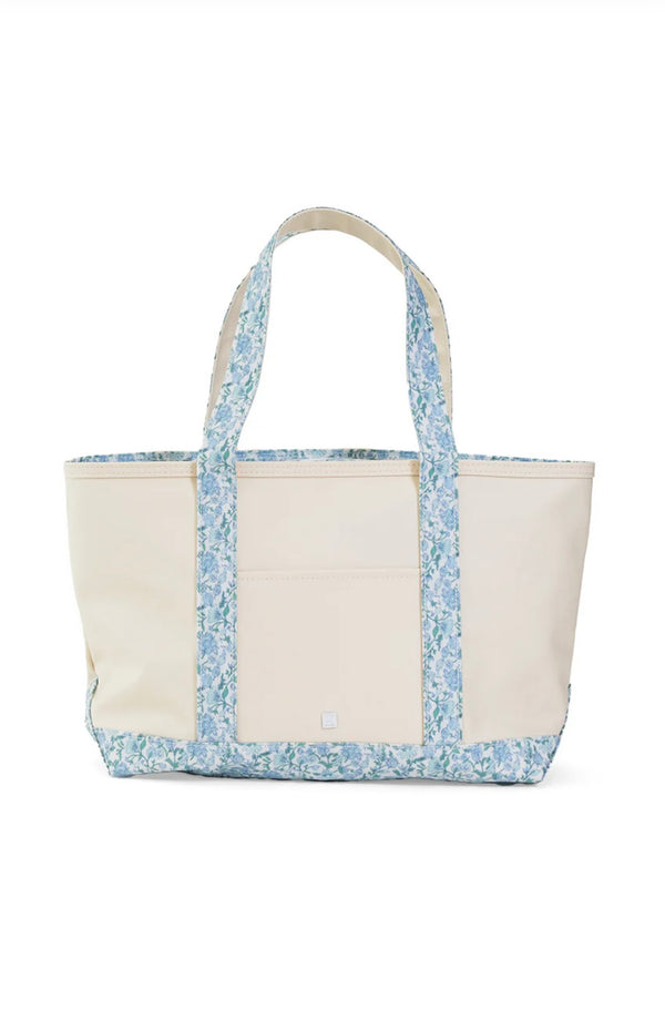 Natural coated canvas TRVL medium tote with Hamptons floral trim