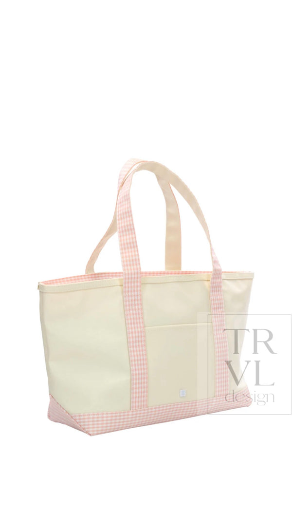 Natural coated canvas TRVL medium tote with taffy pink gingham trim