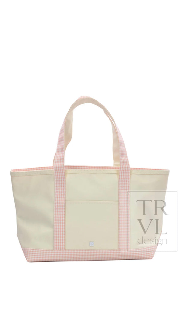 Natural coated canvas TRVL medium tote with taffy pink gingham trim