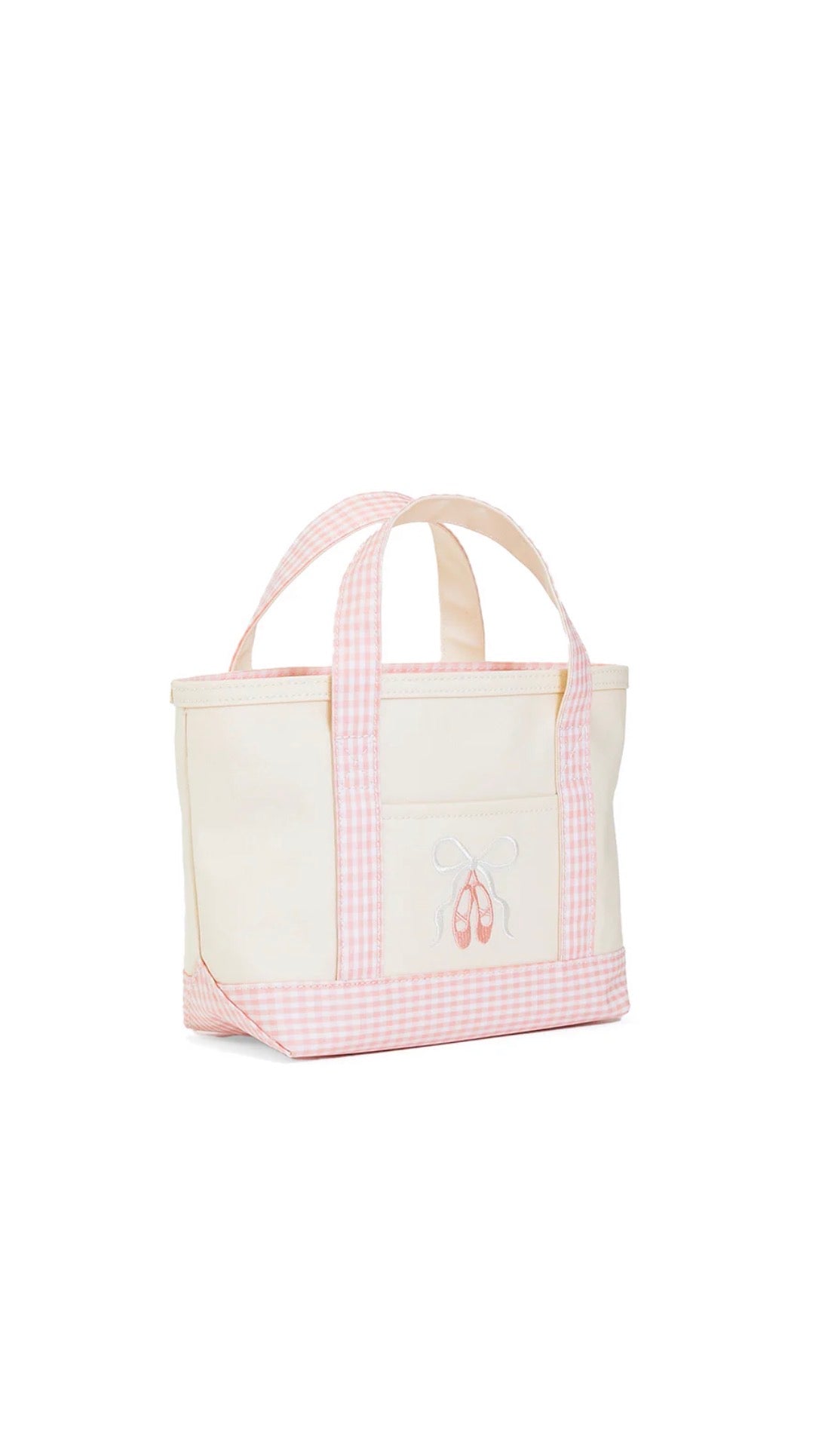Pink checkered tote bag with a small logo on a white background