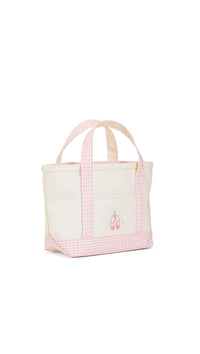 Pink checkered tote bag with a small logo on a white background