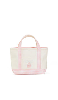 Pink and white checkered tote bag with a brand logo on a white background