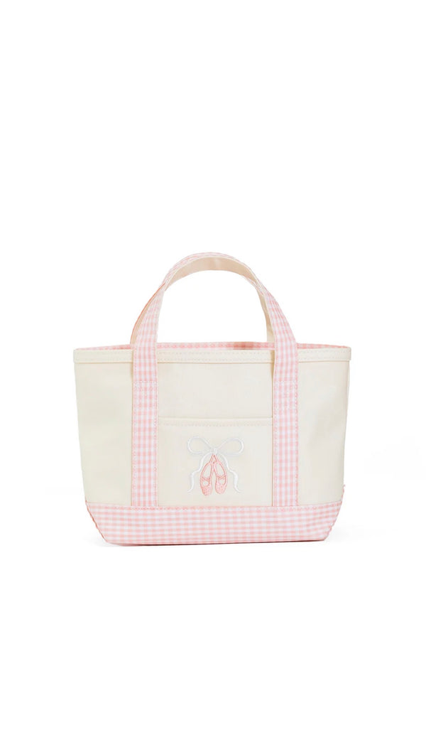 Pink and white checkered tote bag with a brand logo on a white background