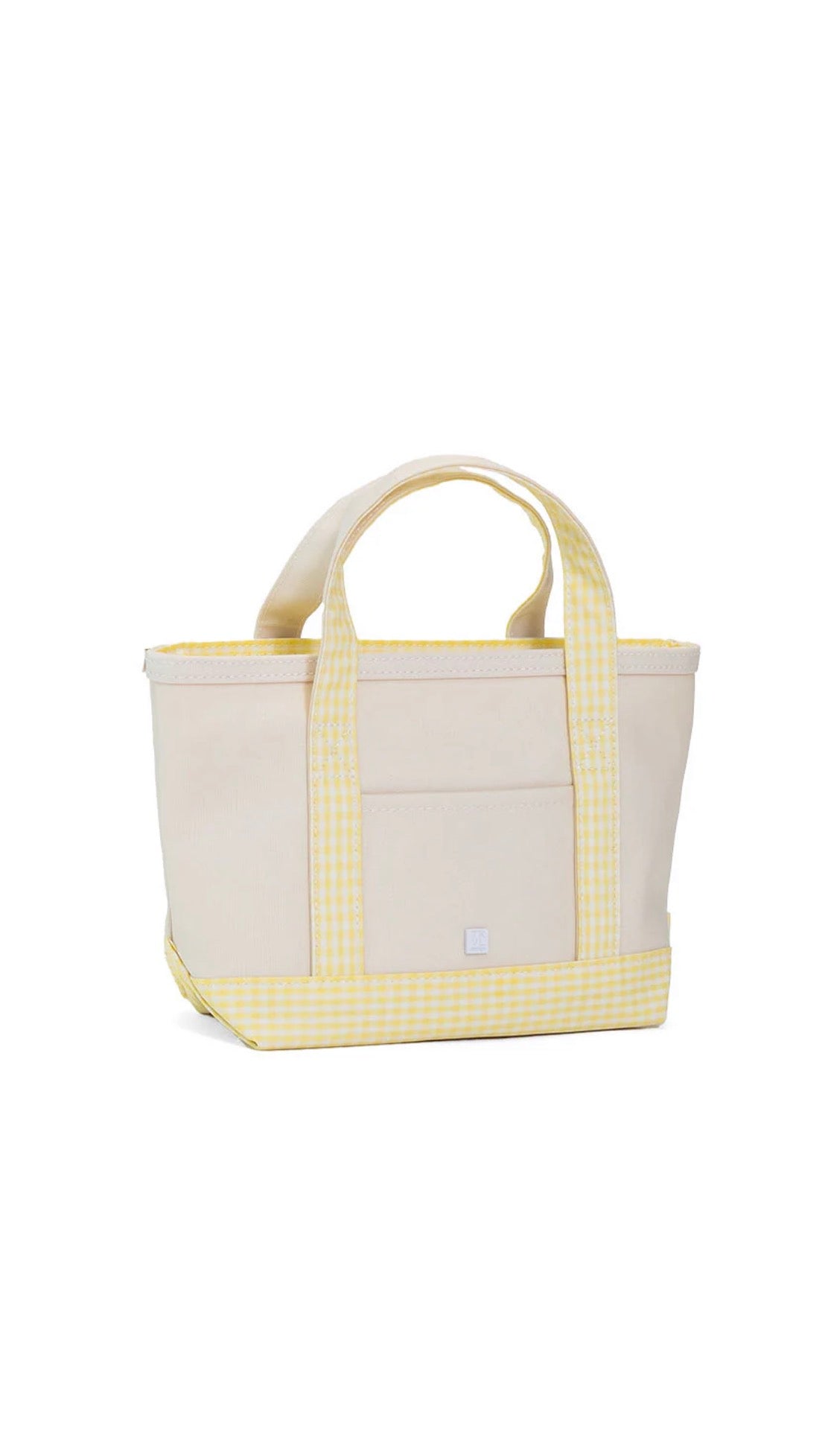 Natural coated canvas TRVL mini tote with buttercup yellow gingham trim
