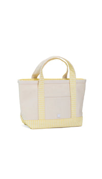 Natural coated canvas TRVL mini tote with buttercup yellow gingham trim