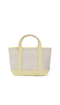 Natural coated canvas TRVL mini tote with buttercup yellow gingham trim