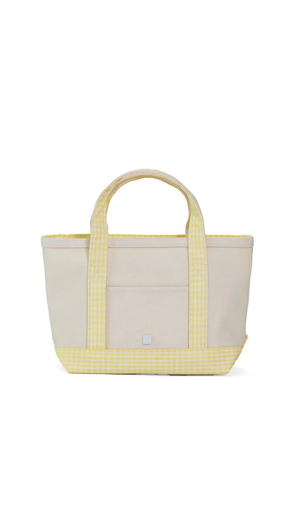 Natural coated canvas TRVL mini tote with buttercup yellow gingham trim