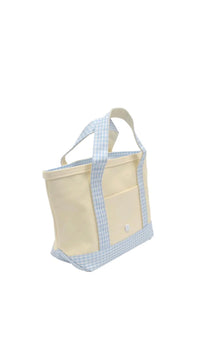 Natural coated canvas TRVL mini tote with mist blue gingham trim