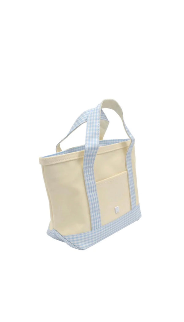 Natural coated canvas TRVL mini tote with mist blue gingham trim