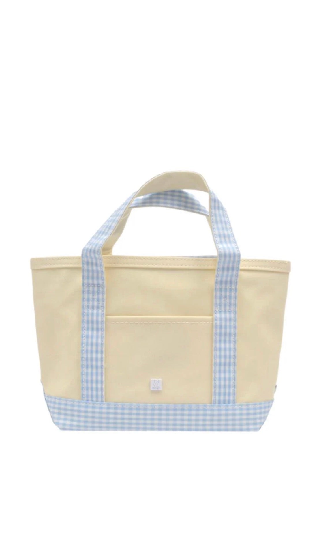 Natural coated canvas TRVL mini tote with mist blue gingham trim